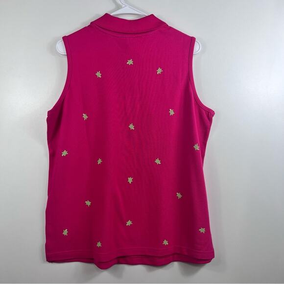 The Quacker Factory New Pink Green Turtle Print Collared Sleeveless Polo Top L - Picture 9 of 10